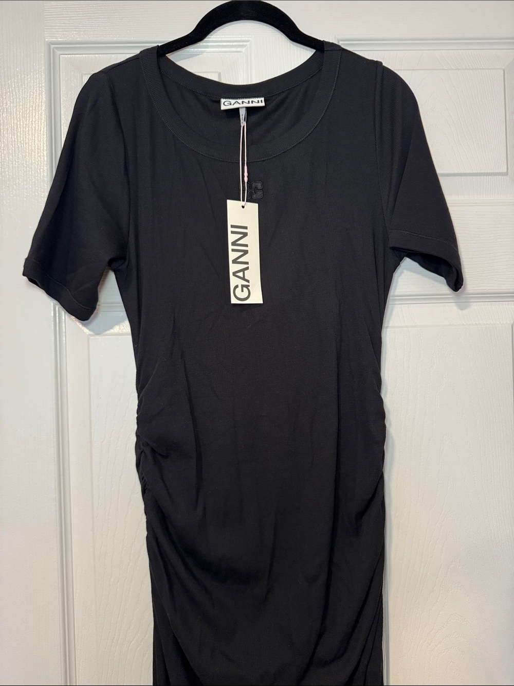GANNI Black Short-Sleeve Ribbed Cotton Ruched Women's Maxi Dress Size L NWT